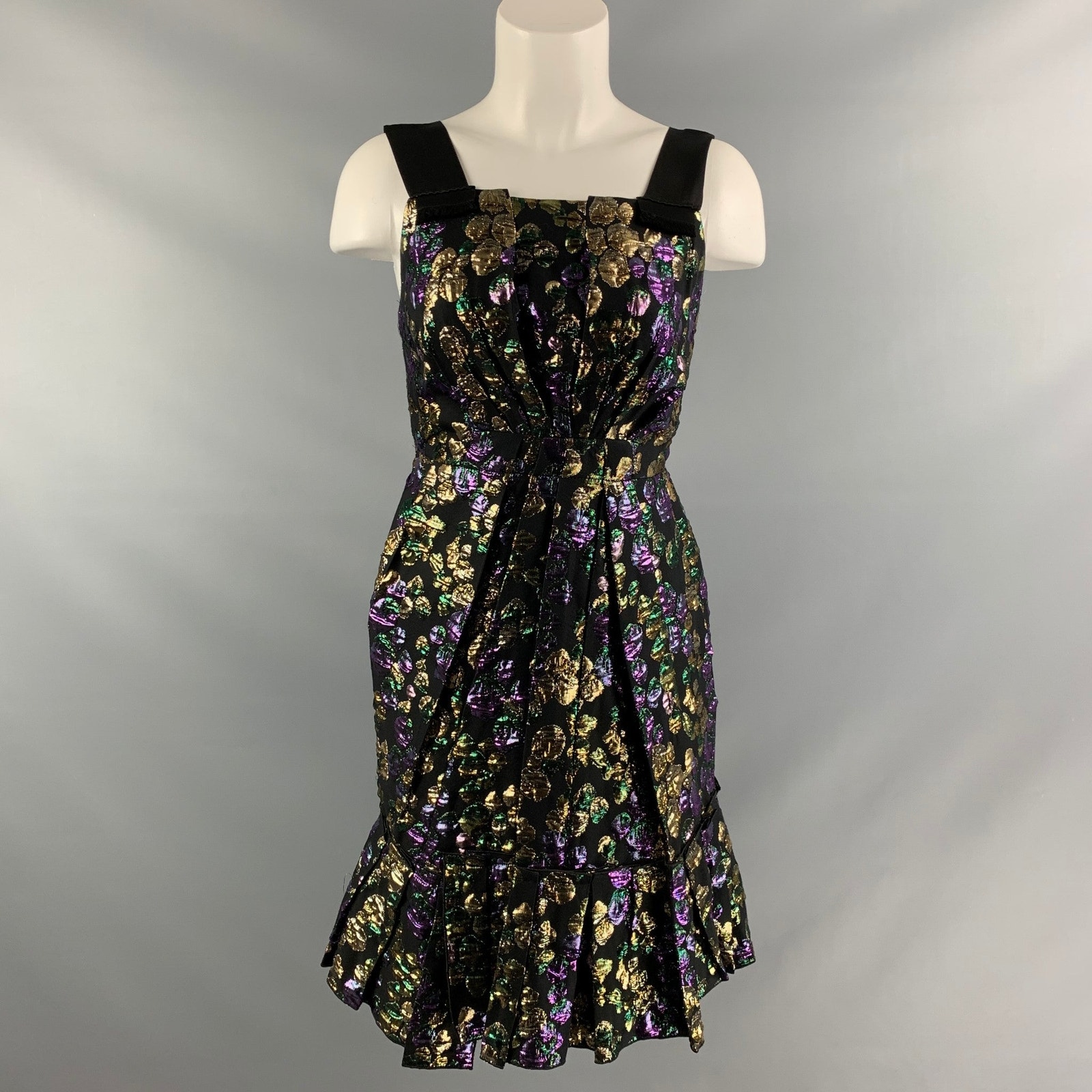 Marc Jacobs Size 2 Black, Gold & Purple Jacquard Cotton Blend Cocktail Dress